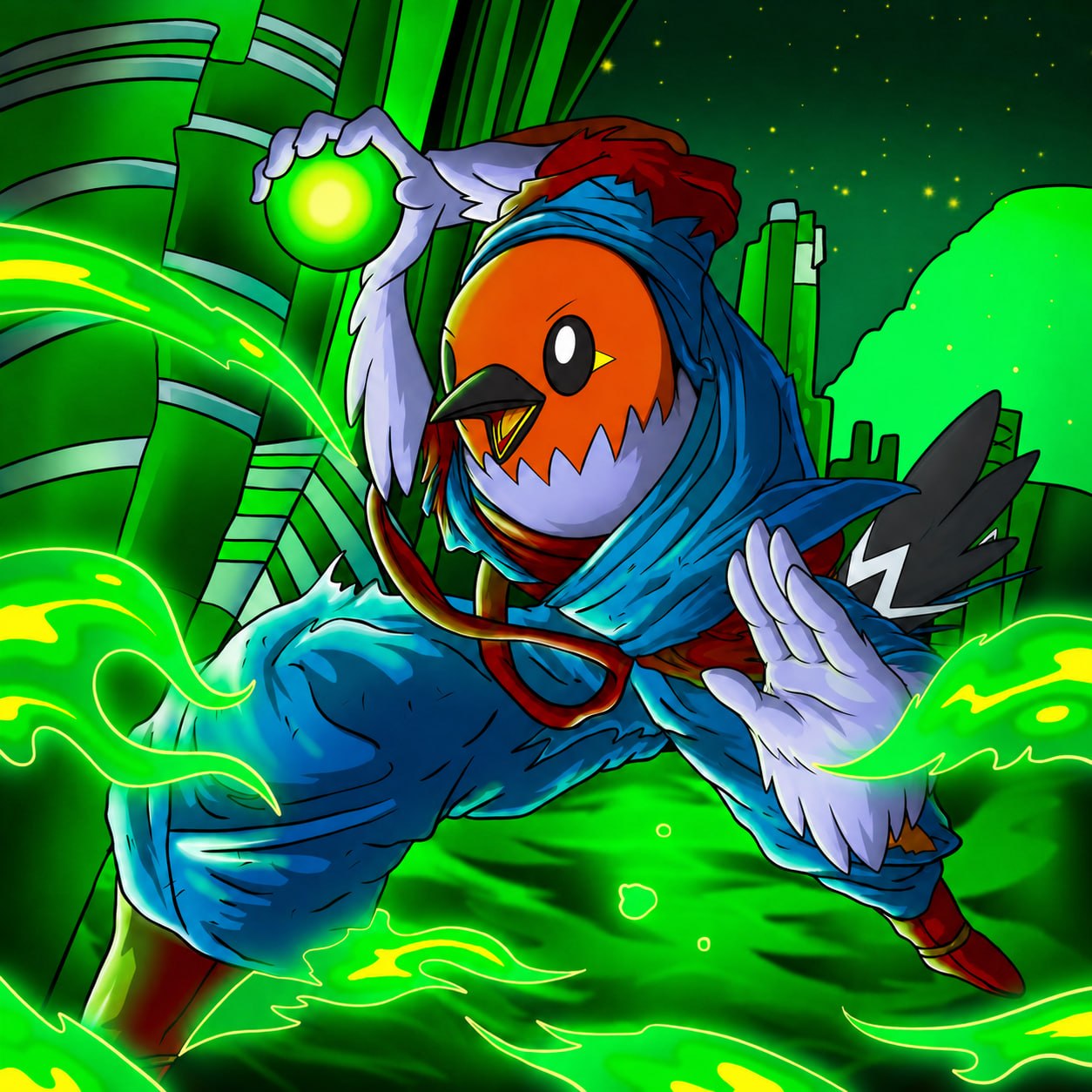 Ninja Fletchling charging a green energy orb