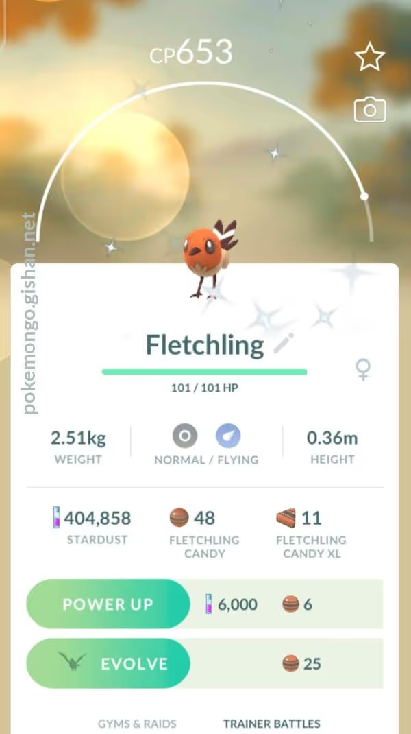 Pokemon GO capture screen showing Fletchling